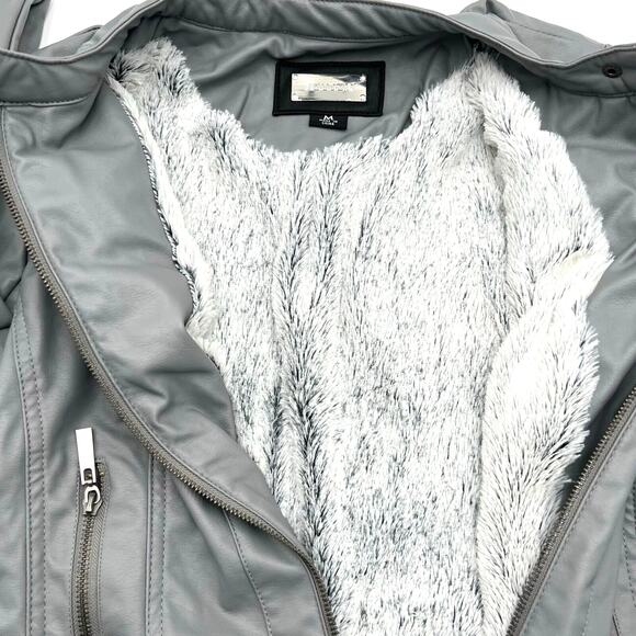 JOUJOU Women's Medium Silver Gray Faux leather Jacket Soft vegan fur lining - Picture 3 of 8